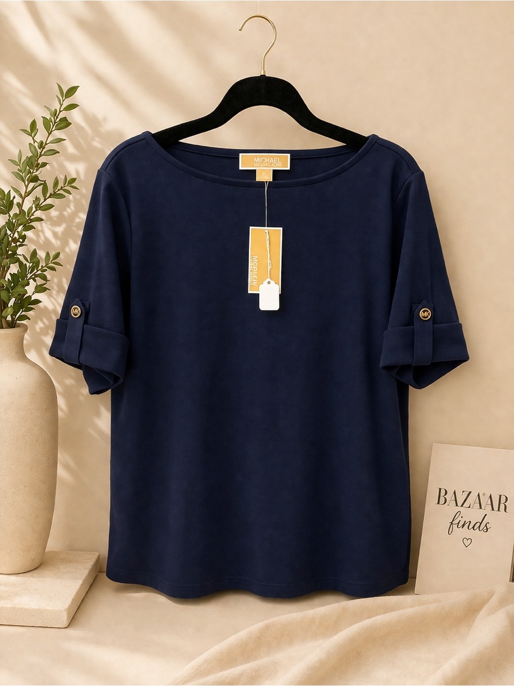 Michael Kors Navy Short Sleeve Boatneck Top with Button-Tab Cuffs